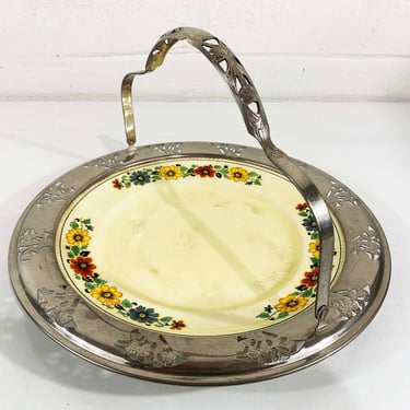 Vintage Sebring Pottery Farberware Golden Maize Basket Serving Plate Handle Stainless 1930s 30s Retro Yellow Flower Flowers Dinner Party 