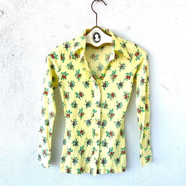 Vintage 70s Disco Large Collar Shirt Yellow Floral Shirt 