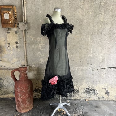 Vintage 1930s Black Organza Sleeveless Dress Sheer Ruffles Pink Flower Appliqué
