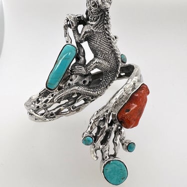 Artisan Iguana Turquoise Coral & Sterling Silver Wrap Cuff Bracelet Adjustable 