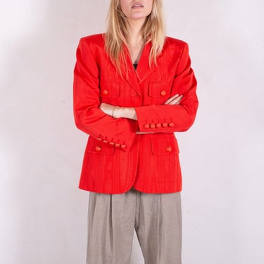 ESCADA Coral Structured Shoulder Wood Grained Style Blazer with Chunky Oversized Buttons in Cotton Rayon sz German 40 S M L Red 90s 