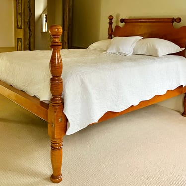 Cannonball &amp; Vase Bed in Tiger Maple, Original Posts ~ Circa 1830, Resized to Queen with Roll-top, Repeat-end Headboard