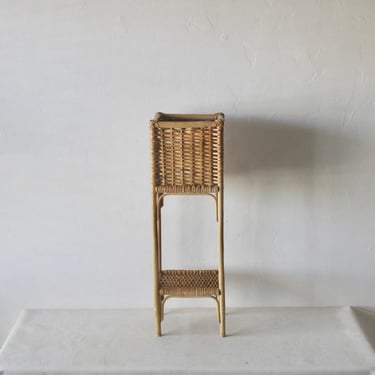 Vintage Modern Handcrafted Square Bamboo Woven Wicker Two Tiered Plant Stand 