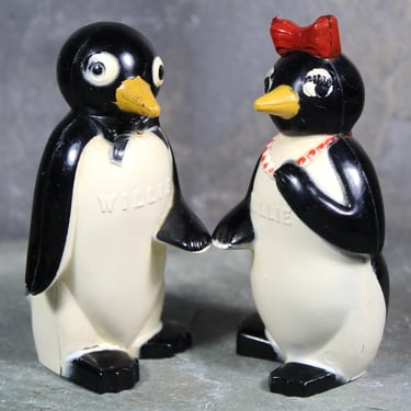 Willie and Millie Plastic Penguin Salt and Pepper Shakers - 1950s | F&F Mold and Die Works Dayton Ohio | Classic Kitsch 