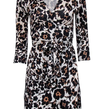 Diane von Furstenberg - Cream, Tan, Brown, & Black Leopard Print Mini Wrap Dress Sz 2