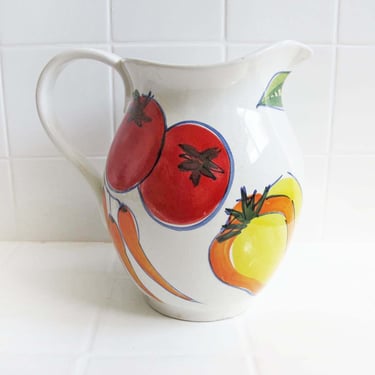 Vintage Italian Hand Painted Vegetable Ceramic Pitcher - Made in Italy Colorful Tomato Artichoke Carrot Handled Vase 