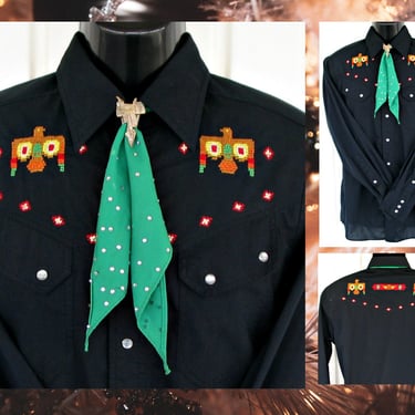 Kennington Vintage Men's Cowboy & Rodeo Shirt, Black with Southwestern Embroidered Thunderbirds, Tag Size Medium (see meas. photo) 