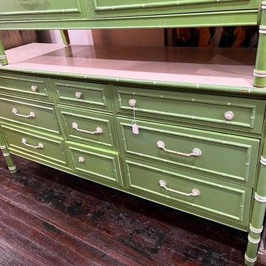 Green and white faux bamboo 9 drawer dresser. Bottom middle drawer is missing a drawer pull. 62” x 19” x 30” 