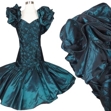 Vintage 80s Dark Blue Green Taffeta Black Lace RUFFLE Full Circle Skirt Prom Party Dress L Large Hi Lo Womens Costume Formal LORALIE 