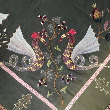 Mid 19th C French Embroidered Panel, Bird Floral Motif, Wool Felt, Ornamental Needlework, Appliqué, Heraldic, Mythological, Chateau Decor 