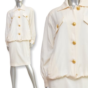 Vintage Cream Wool Dress with Gold Buttons Neiman Marcus Long Sleeve Knee Length Dress 