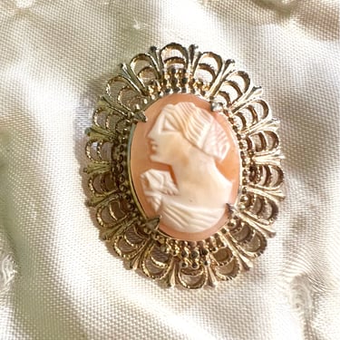 Real Shell Carved Cameo Brooch and Earrings in Gold Tone Filigree Setting, Victorian Style, Demi-parure Jewelry, Romantic Gift for Her 