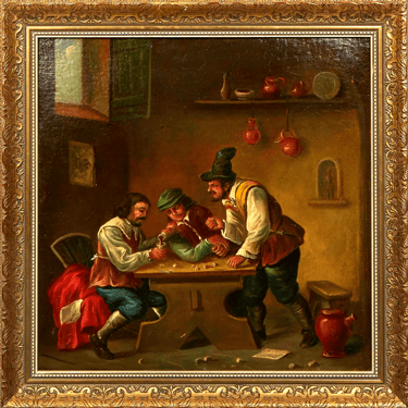 Antique Painting, Oil, Continental School, "Gambling at the Tavern", 19th C.!