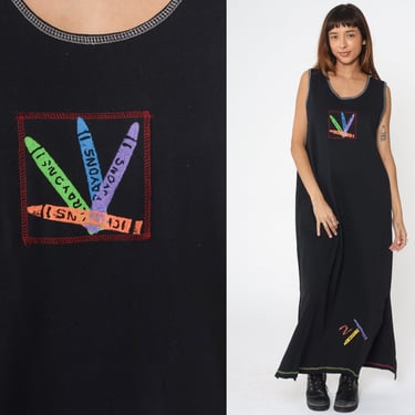 90s Black Maxi Dress Crayon Embroidery Sleeveless Grunge Tank Side Slit Vintage Artistic Detail Hippie Small 