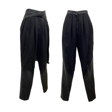 Vtg Vintage 1980s 80s Designer Black Leather Linen Brutalist Belt Trouser Set 