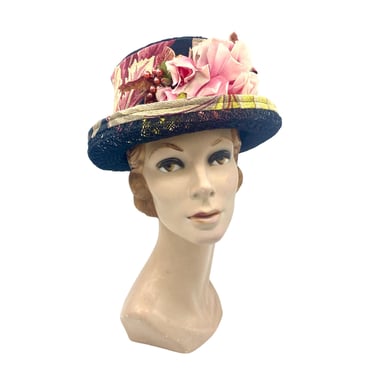 Vintage 1980s Black Straw Floral Barkcloth Hat by Lori Henle, 80s Molly Ringwald Pretty in Pink Style, Small Size 6 5/8, VFG 