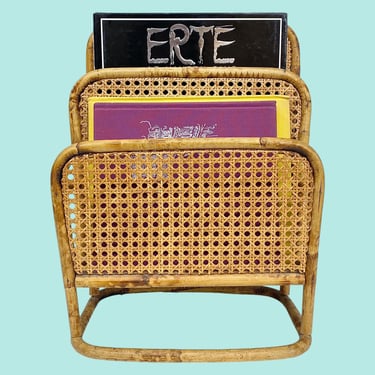 Vintage Magazine Rack Retro 1970s Mid Century Modern + Brown Rattan and Cane + 2 Tiers + Standing Book Display + Home Decor and Organization 