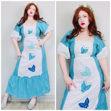 1970s Vintage Blue Butterfly Print Prairie Dress / 70s / Seventies Embroidered Applique Feedsack Maxi Dress / Size Medium 