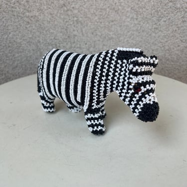 Vintage African beaded zebra figurine Black white 
