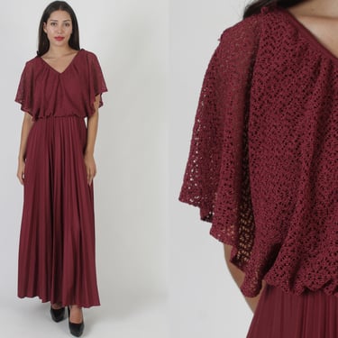 Vintage 70s Burgundy Grecian Disco Dress, Split Sleeve Sweeping Long Skirt, Crochet Pleated Cocktail Attire Maxi Gown 