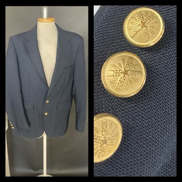Vintage 1960s 1970s 60s Blazer Navy Blue Gold Button Collegiate Mens Womens Unisex Back Vent 