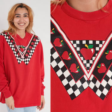 90s Apple Shirt Checkered Fruit Print Tshirt Red Long sleeve Single Stitch T shirt Retro Tee Vintage Graphic Tee 1990s Extra Large xl 2xl 