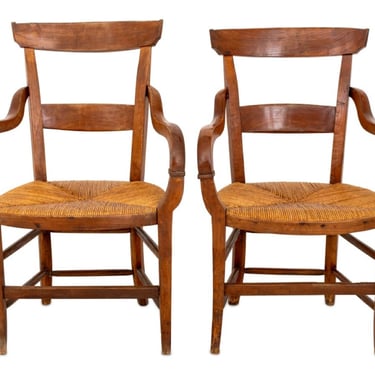 French Provincial Style Walnut Rush Seat Armchairs