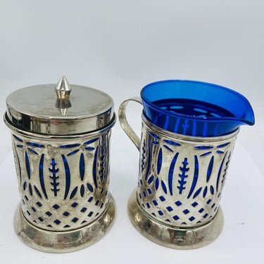 Sugar and Creamer Set- Silver Plate with Cobalt blue glass Inserts.  Avon sapphire glass pattern. 