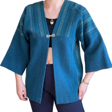 Vintage 1970s Womens Woven in Norway Retro Mod Blue Boiled Wool Cardigan Sz S 