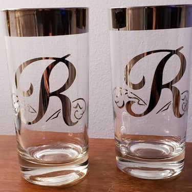 Monogrammed R glassware Retro Barware Silver Rimmed glasses 