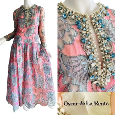 1970s Vintage Oscar De La Renta Dress Embellished Rhinestone Jeweled Metallic Beaded Sequins Mesh Wedding Gown 