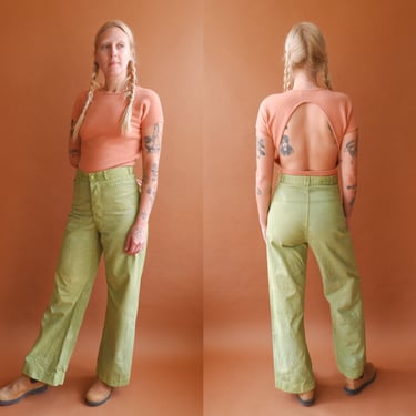 Vintage Overdyed Sailor Trousers/ High Waisted Green Button Fly Navy Uniform Pants/ Wide Leg Cropped/ Size 29 
