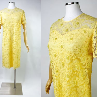 1960s Pale Yellow Beaded Lace Short Sleeve Formal Mod Dress by Baronessa Medium | Vintage, Wedding, Spring, Retro, Tea Party, Sweetheart 