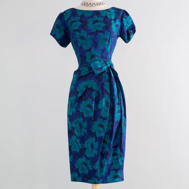 Elegant 1950's Brilliant Blue & Green Floral Silk Brocade Cocktail Dress / SM