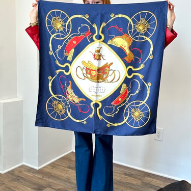 Vintage 1970s Scarf / 70s Hermés Royal Carriage Silk Scarf / Blue Red Gold 
