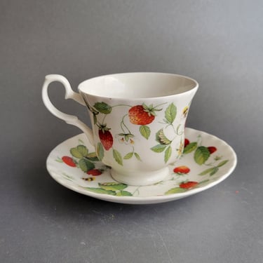 Alpine strawberry teacup and saucer Roy Kirkham England Fine bone china collectible Anniversary gift idea 