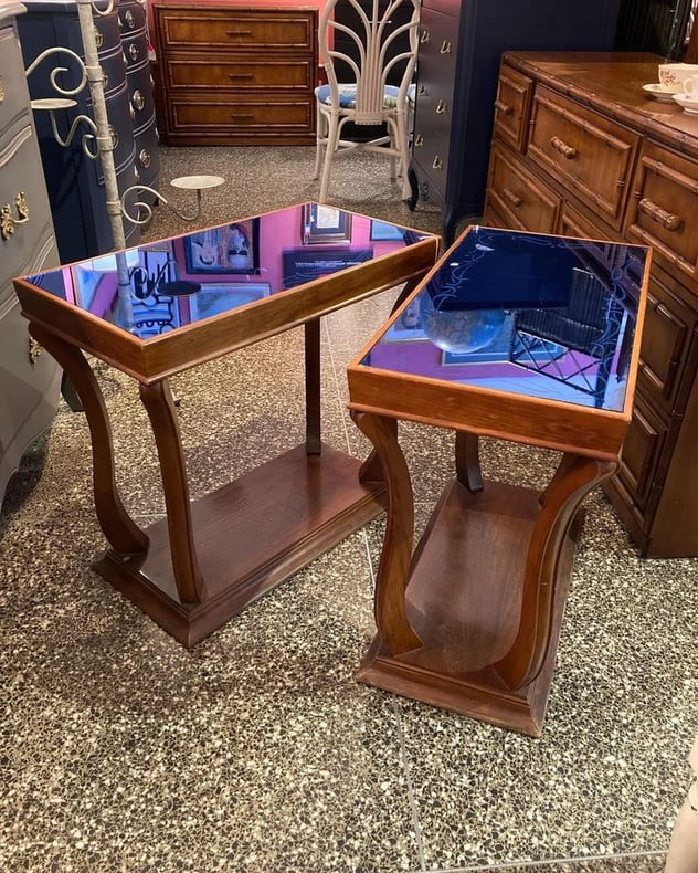 Blue mirror glass top Art Deco side tables. 2 available 25” x 13” x 22.5”