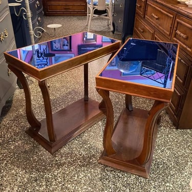 Blue mirror glass top Art Deco side tables. 2 available 25” x 13” x 22.5”