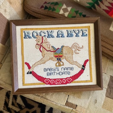 Vintage Rock A Bye Horse Framed Needlepoint Embroidery Baby’s Name : Birthday - 11 x 9 Frame - Embroidery Art 