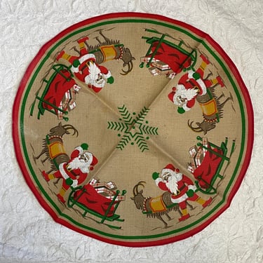 Swedish Santa & deer burlap round - vintage Christmas decoration - table topper tree skirt 