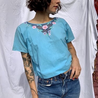 80's Crop Top / Floral Mesh Shirt / Netted Sheer Cut Out shirt / Mesh Summer Top / Beach Cover Up / Aqua Blue Shirt 