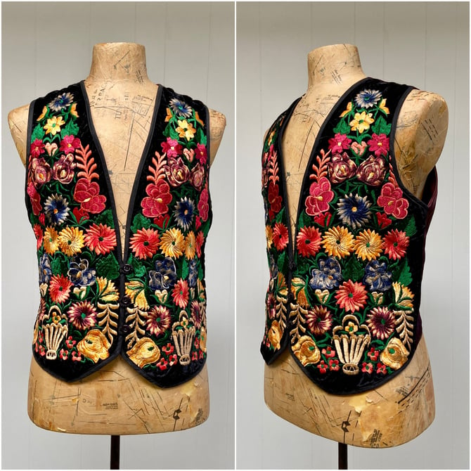 Vintage 1980s Embroidered Guatemalan Vest, Colorful Floral Cotton Velvet Unisex Waistcoat, Medium 40" Chest 