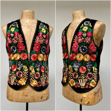 Vintage 1980s Embroidered Guatemalan Vest, Colorful Floral Cotton Velvet Unisex Waistcoat, Medium 40