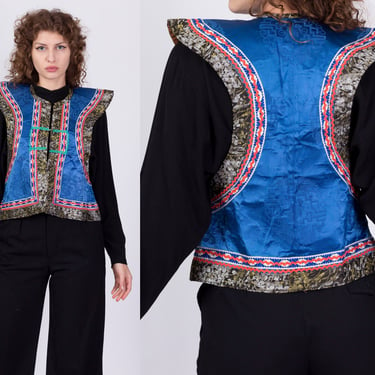 Vintage Chinese Pointed Shoulder Vest - Small to Medium | Blue Satin Jacquard Frog Button Costume Top 