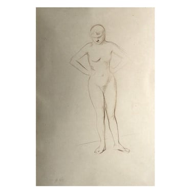 Original JEAN-LOUIS FORAIN Crayon Pencil on Paper Drawing, Nude Standing Akimbo Art 