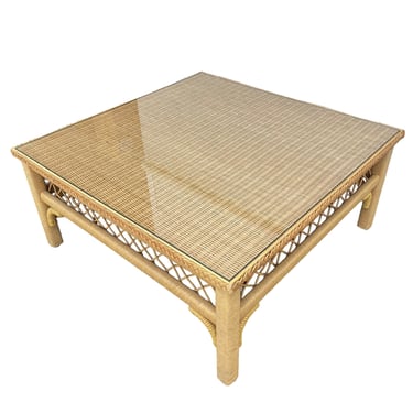 Rattan Coffee Table by Henry Link Wicker - Vintage Square Coastal Boho Chic Hollywood Regency Bamboo Style Furniture 