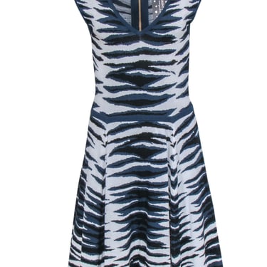 Milly - White Navy &amp; Black Zebra Print Fit &amp; Flare Dress Sz L