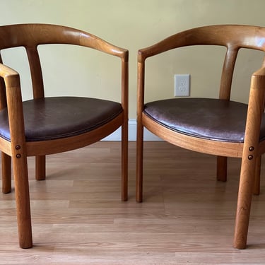 ONE PAIR Armchairs, Danish Midcentury Modern teak and leather Barrel Chairs 
