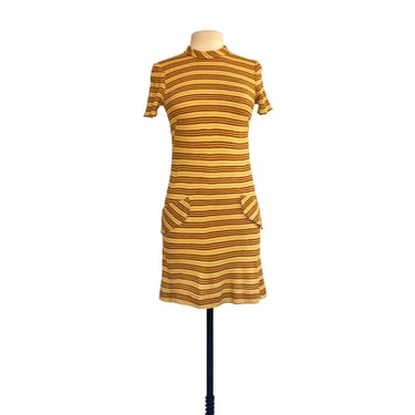 Vintage 70s striped yellow jersey dress| red black white stripes| VFG 