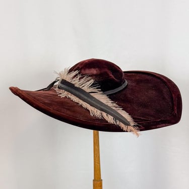 Vintage Edwardian hat | Antique burgundy velvet wide brim hat  | 1915s feathered velvet millinery 